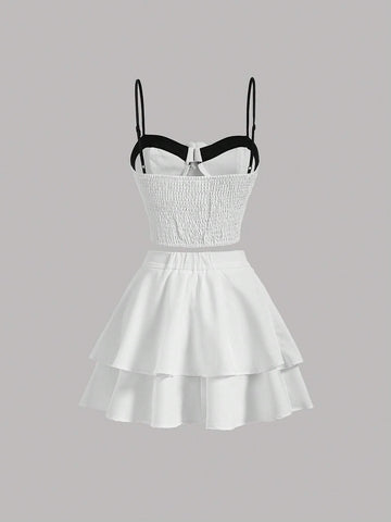 3D Appliques Front Contrast Trim Cami Top & Two Layer Hem Skirt