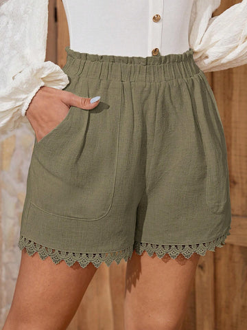 EMERY ROSE Paperbag Waist Guipure Lace Trim Shorts