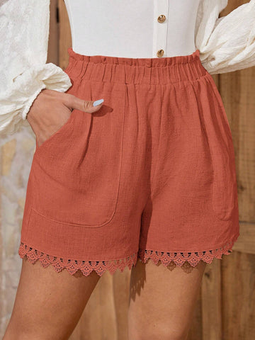 EMERY ROSE Paperbag Waist Guipure Lace Trim Shorts
