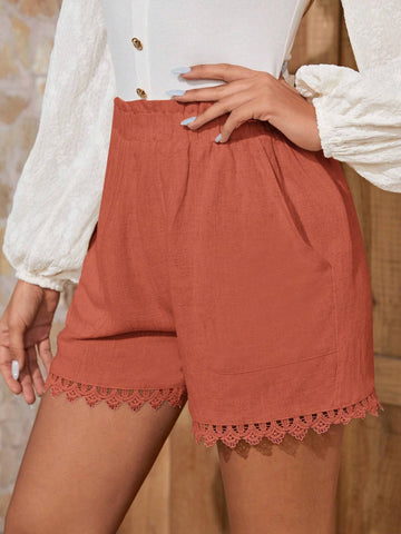 EMERY ROSE Paperbag Waist Guipure Lace Trim Shorts