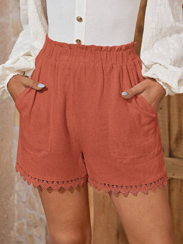 EMERY ROSE Paperbag Waist Guipure Lace Trim Shorts