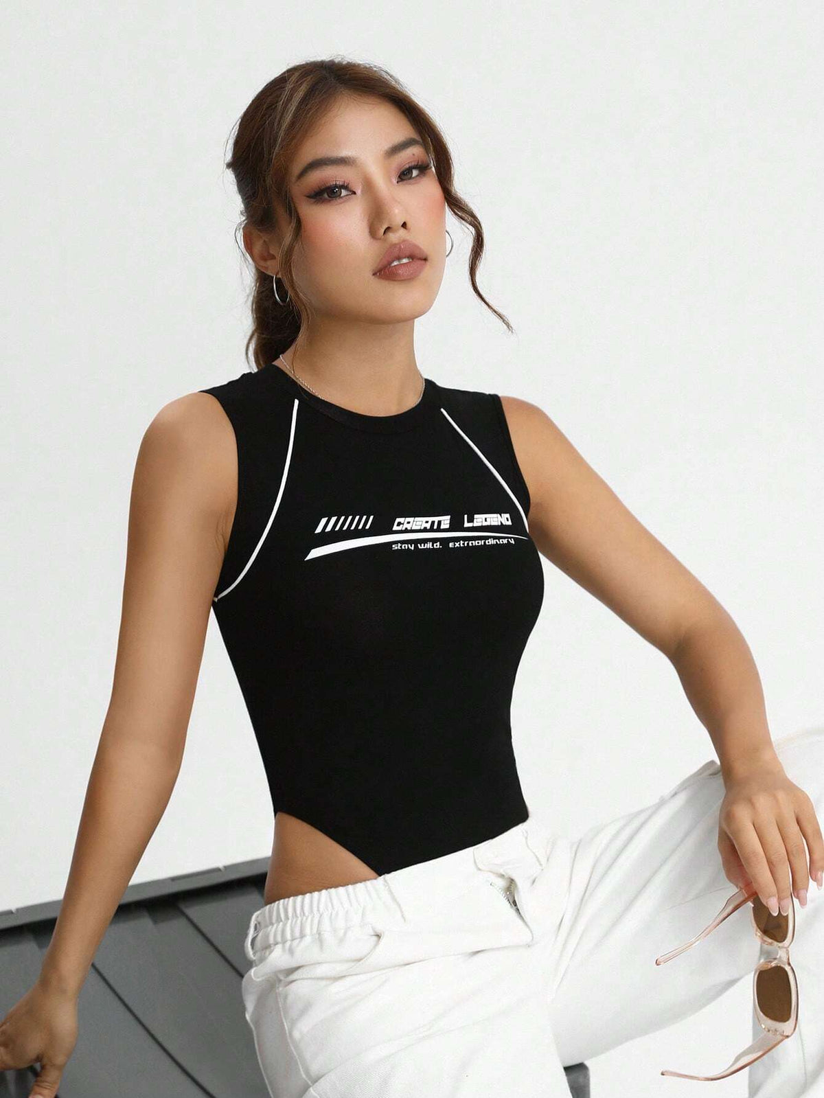 Letter Graphic Contrast Piping Tank Bodysuit
