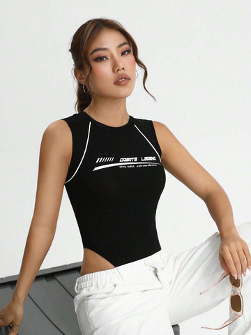 Letter Graphic Contrast Piping Tank Bodysuit