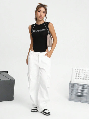 Letter Graphic Contrast Piping Tank Bodysuit