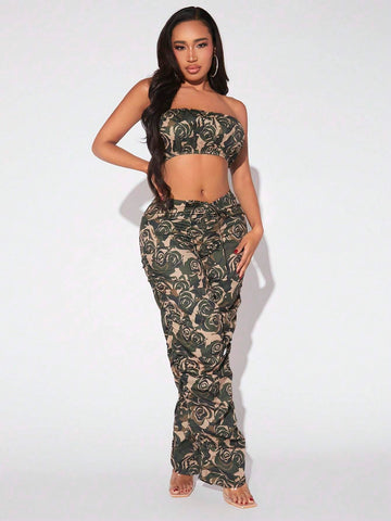 Floral Print Crop Tube Top & Ruched Pants