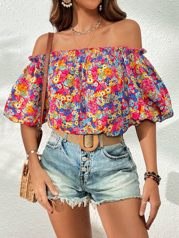 Ditsy Floral Print Off Shoulder Frill Trim Puff Sleeve Blouse