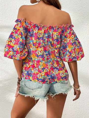 Ditsy Floral Print Off Shoulder Frill Trim Puff Sleeve Blouse