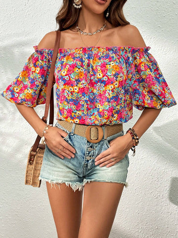 Ditsy Floral Print Off Shoulder Frill Trim Puff Sleeve Blouse