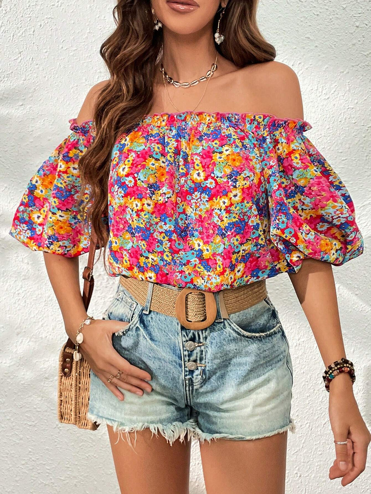Ditsy Floral Print Off Shoulder Frill Trim Puff Sleeve Blouse