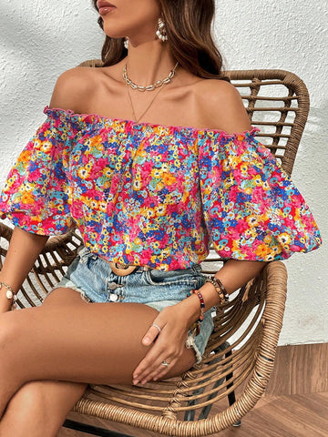 Ditsy Floral Print Off Shoulder Frill Trim Puff Sleeve Blouse