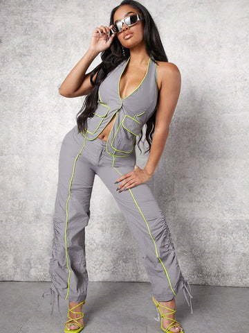 Contrast Binding Flap Pocket Halter Top & Drawstring Side Pants