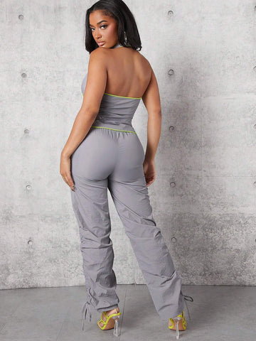 Contrast Binding Flap Pocket Halter Top & Drawstring Side Pants