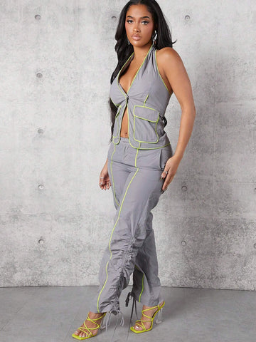 Contrast Binding Flap Pocket Halter Top & Drawstring Side Pants