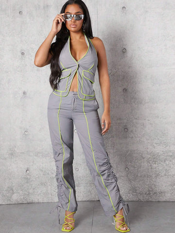 Contrast Binding Flap Pocket Halter Top & Drawstring Side Pants