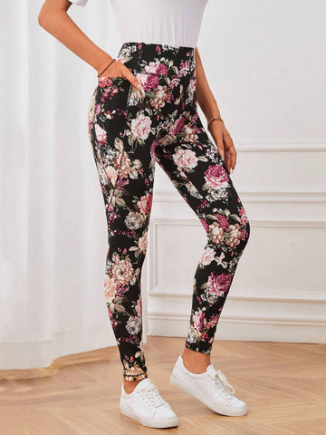 EMERY ROSE Floral Print Slant Pocket Skinny Pants