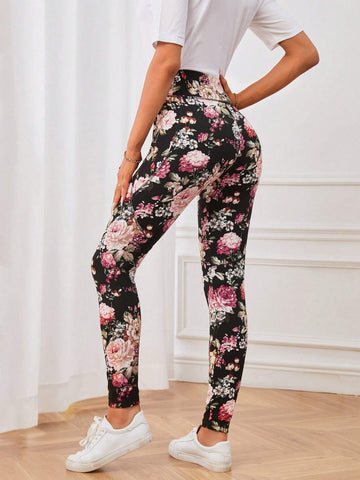 EMERY ROSE Floral Print Slant Pocket Skinny Pants