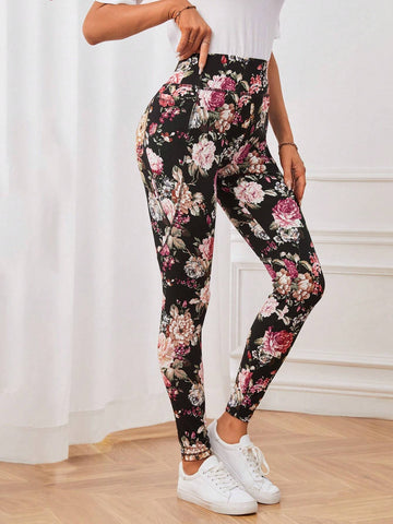 EMERY ROSE Floral Print Slant Pocket Skinny Pants