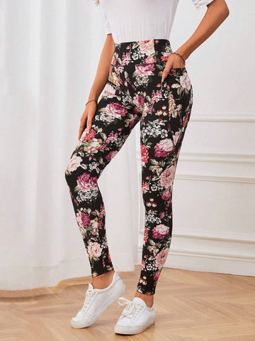 EMERY ROSE Floral Print Slant Pocket Skinny Pants