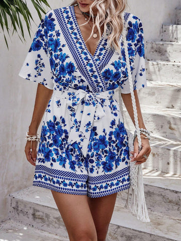 Floral Print Butterfly Sleeve Belted Romper
