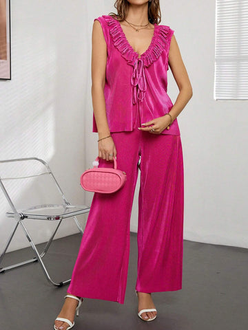 Ruffle Trim Tie Front Top & Wide Leg Pants