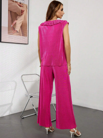 Ruffle Trim Tie Front Top & Wide Leg Pants