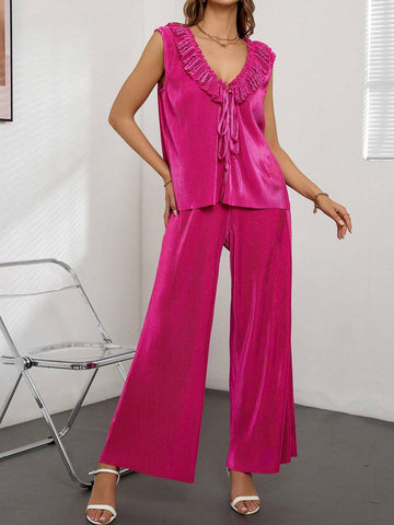 Ruffle Trim Tie Front Top & Wide Leg Pants