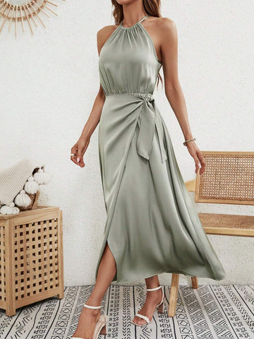 EMERY ROSE Solid Knot Side Wrap Hem Halter Dress