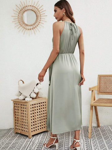 EMERY ROSE Solid Knot Side Wrap Hem Halter Dress