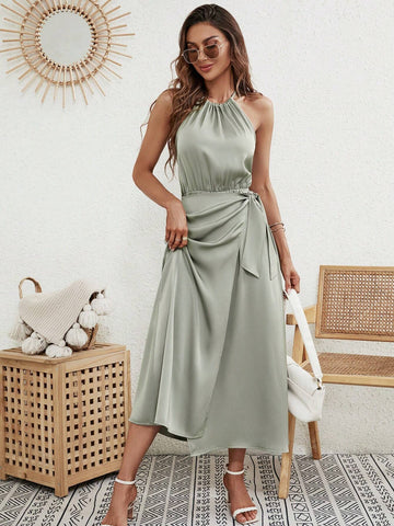 EMERY ROSE Solid Knot Side Wrap Hem Halter Dress