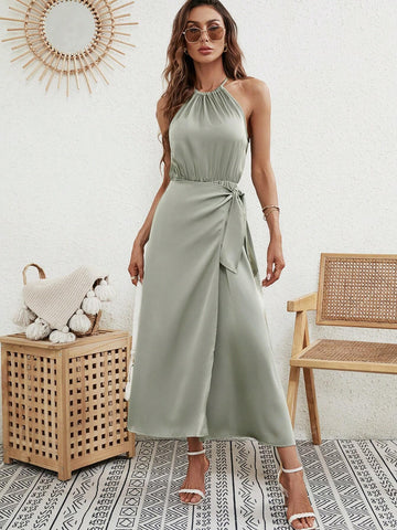 EMERY ROSE Solid Knot Side Wrap Hem Halter Dress