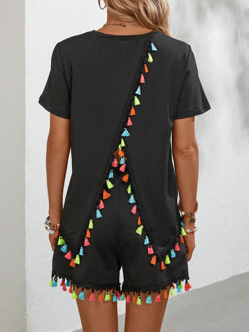 EMERY ROSE Tassel Trim Wrap Back Tee & Shorts