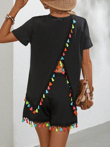 EMERY ROSE Tassel Trim Wrap Back Tee & Shorts