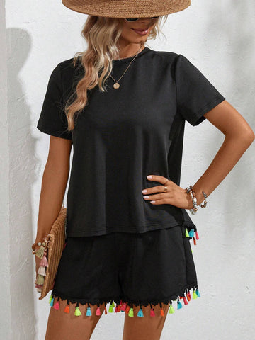EMERY ROSE Tassel Trim Wrap Back Tee & Shorts