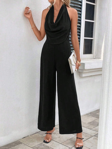 Draped Collar Backless Halter Neck Wide Leg Jumpsuit