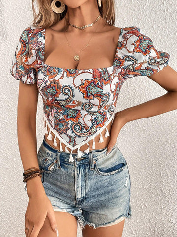 Paisley Print Puff Sleeve Tassel Trim Bandana Hem Crop Blouse