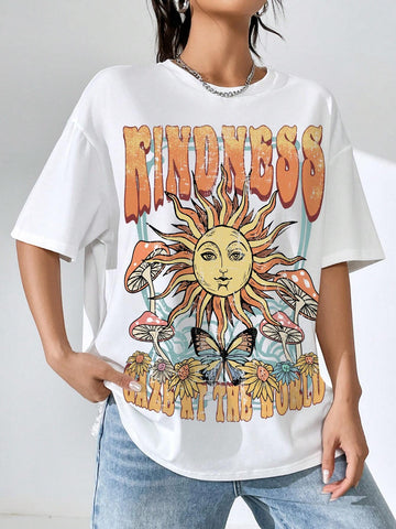 EZwear Sun & Slogan Graphic Drop Shoulder Tee Without Necklace