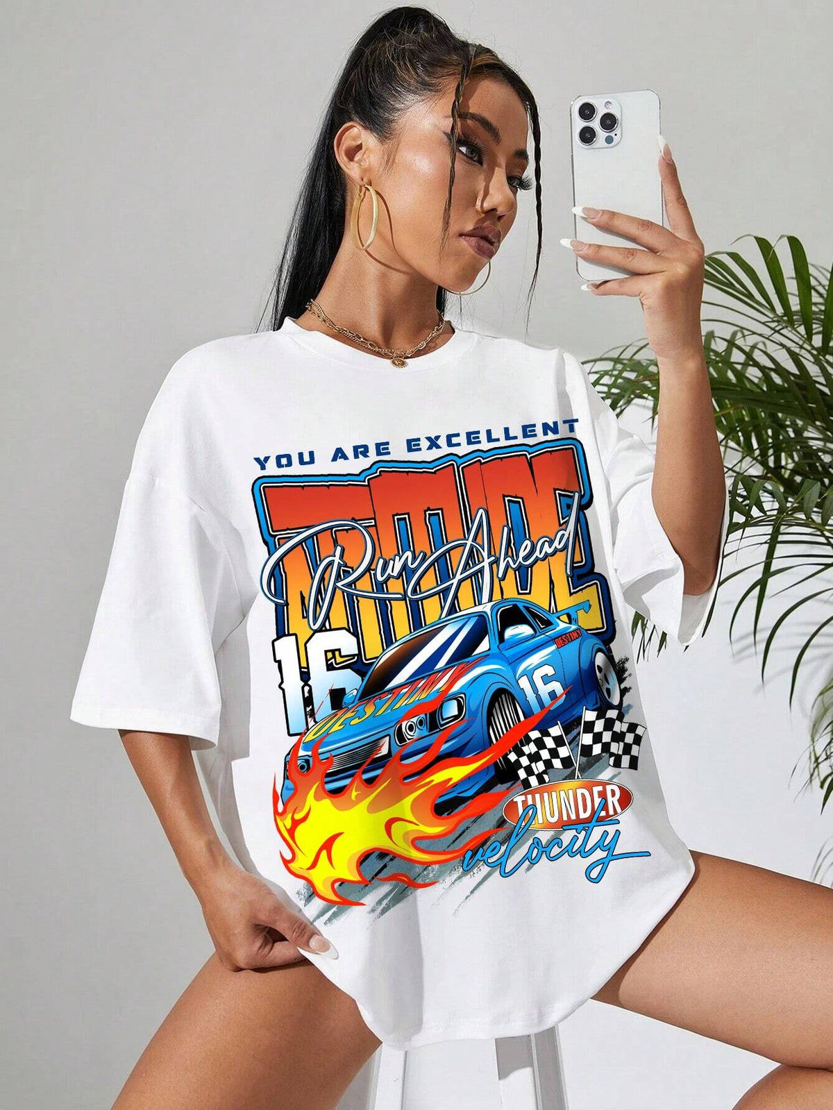 EZwear Car & Slogan Graphic Drop Shoulder Tee