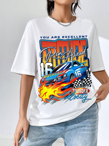 EZwear Car & Slogan Graphic Drop Shoulder Tee