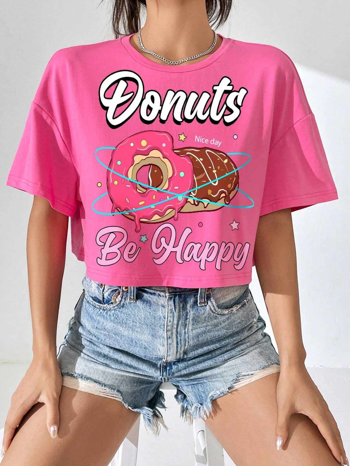 Donut & Slogan Graphic Drop Shoulder Tee