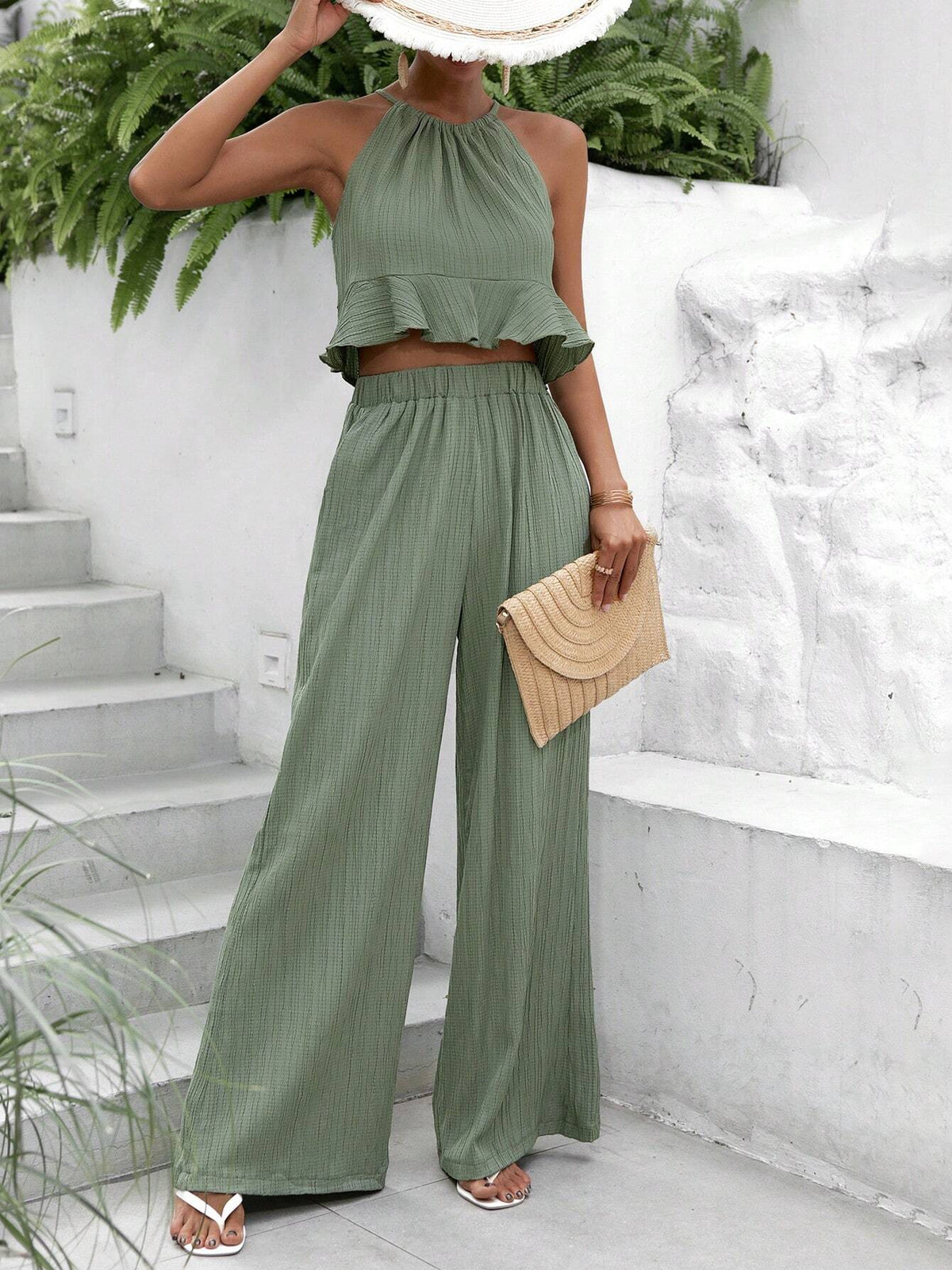 Solid Ruffle Hem Halter Top & Wide Leg Pants