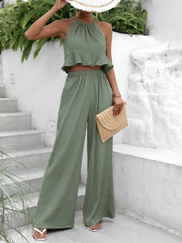 Solid Ruffle Hem Halter Top & Wide Leg Pants