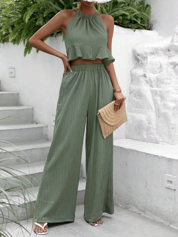 Solid Ruffle Hem Halter Top & Wide Leg Pants