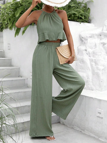 Solid Ruffle Hem Halter Top & Wide Leg Pants