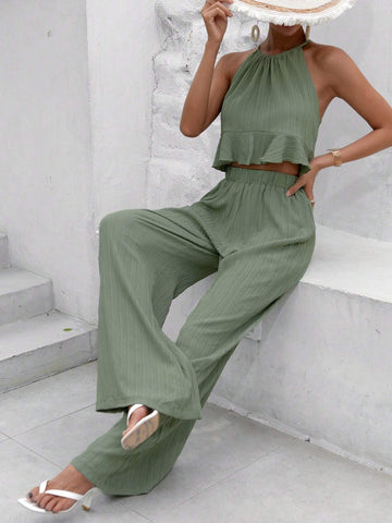 Solid Ruffle Hem Halter Top & Wide Leg Pants
