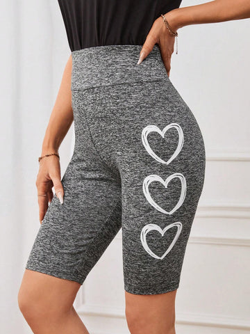 EMERY ROSE Heart Print Wideband Waist Biker Shorts