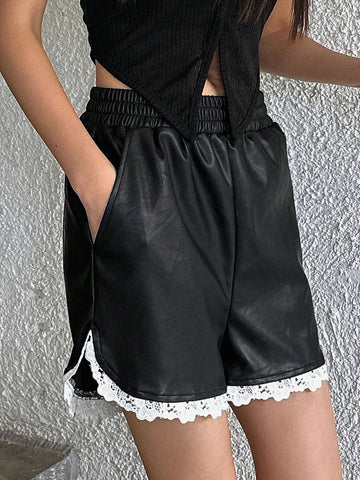 DAZY Contrast Lace Trim Slant Pocket PU Shorts