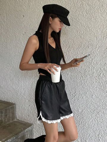 DAZY Contrast Lace Trim Slant Pocket PU Shorts