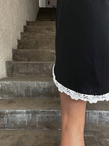 DAZY Contrast Lace Trim Slant Pocket PU Shorts