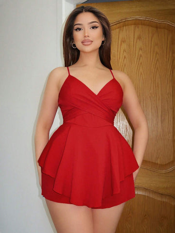 Solid Peplum Waist Cami Romper