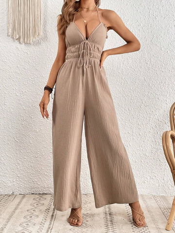 Tie Front Backless Halter Neck Wide Leg Jumpsuit